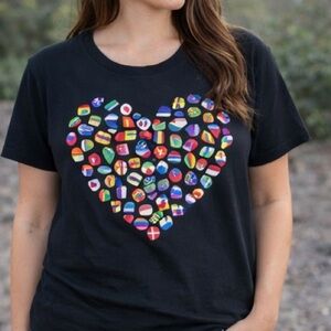 Port & Company Women's International Flags Heart Graphic T-Shirt Black Cotton XL